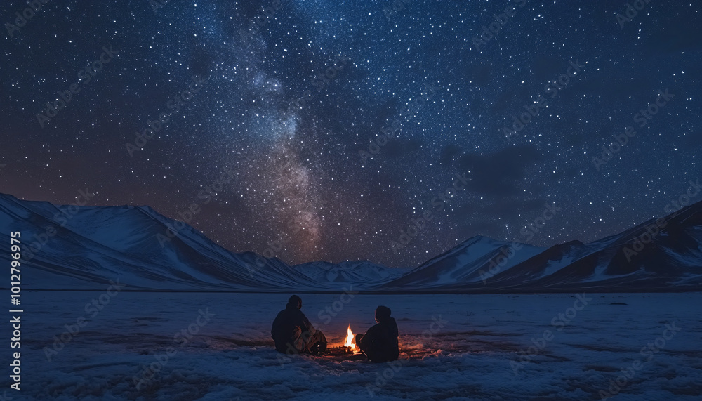 Photograph people in the wilderness at night with the Milky Way or stars above them, focusing on the contrast between the vast sky and human presence Photograph people in the wilderness at night with the Milky Way or stars above them, focusing on the contrast between the vast sky and human presence