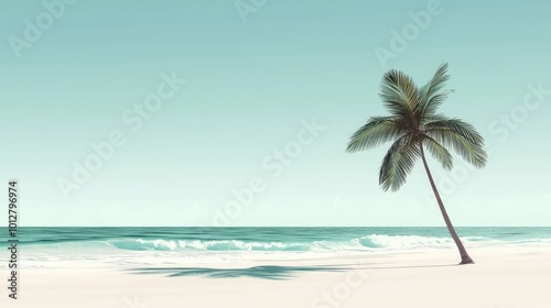 A serene tropical beach scene featuring a lone palm tree against a tranquil ocean and soft sandy shore. photo