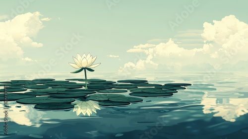 A serene water lily blooms gracefully on a tranquil lake, reflecting peaceful clouds and surrounding greenery. photo