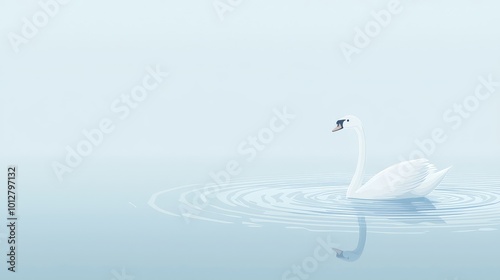 A serene white swan glides gracefully across a calm, reflective water surface in a tranquil, misty environment. photo