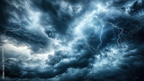 Dramatic storm clouds illuminated by lightning in a darkened sky.