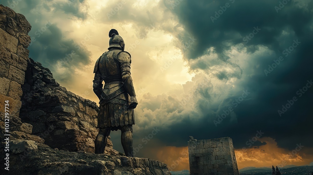 A solitary warrior stands against a dramatic sky, embodying strength and resilience amid ancient ruins and looming clouds. A solitary warrior stands against a dramatic sky, embodying strength and resilience amid ancient ruins and looming clouds.
