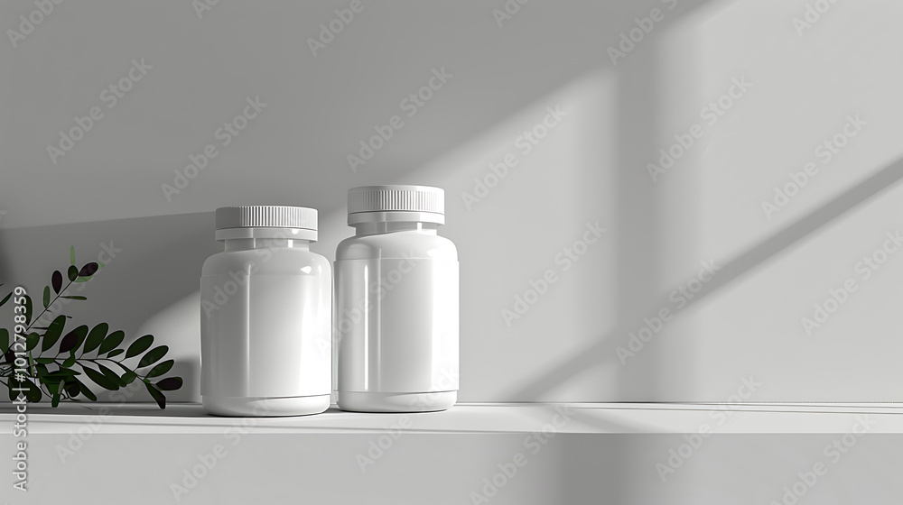 Two white pill bottles sit on a shelf with a small sprig of green leaves beside them. Two white pill bottles sit on a shelf with a small sprig of green leaves beside them.