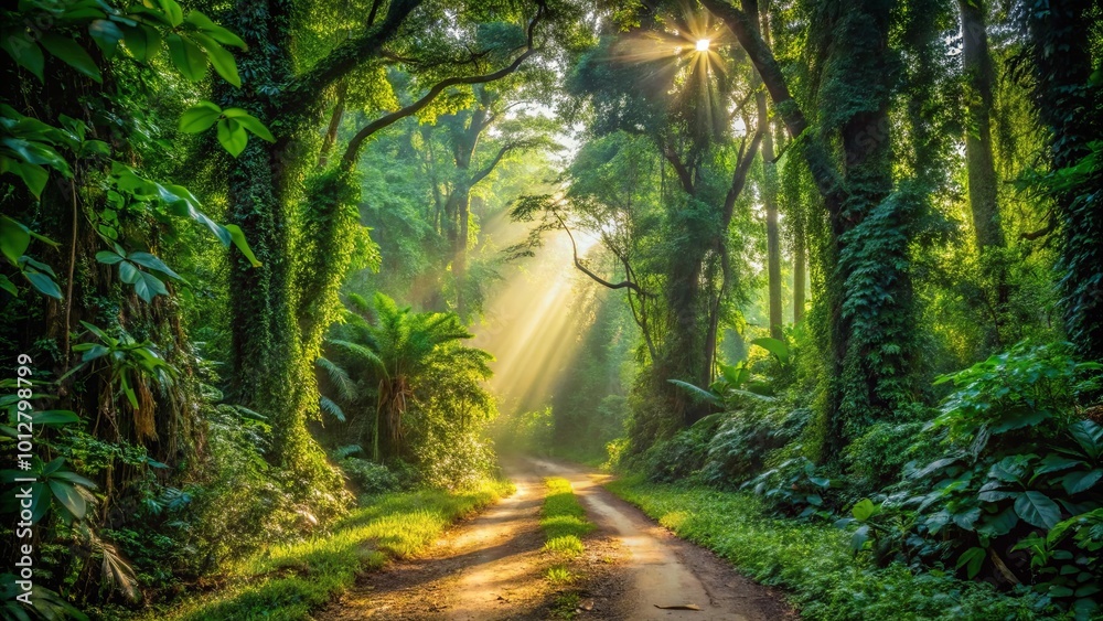Fototapeta premium A sunlit path through a verdant forest, dappled with light and shrouded in a gentle mist, leading to a secret clearing.