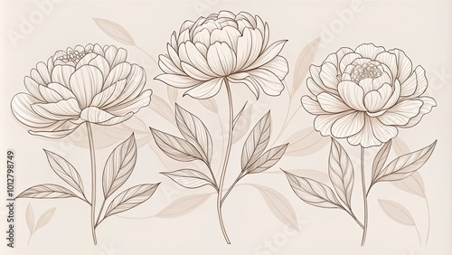 Fototapeta Naklejka Na Ścianę i Meble -  Delicate Floral Outline Illustration Featuring Three Peonies with Stems and Leaves on a Cream Background