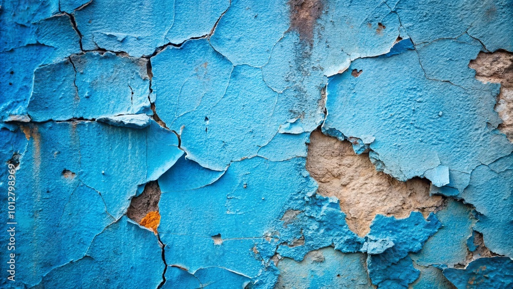 Obraz premium A weathered blue surface revealing the underlying layers of the wall, showcasing the passage of time and the effects of nature's touch.