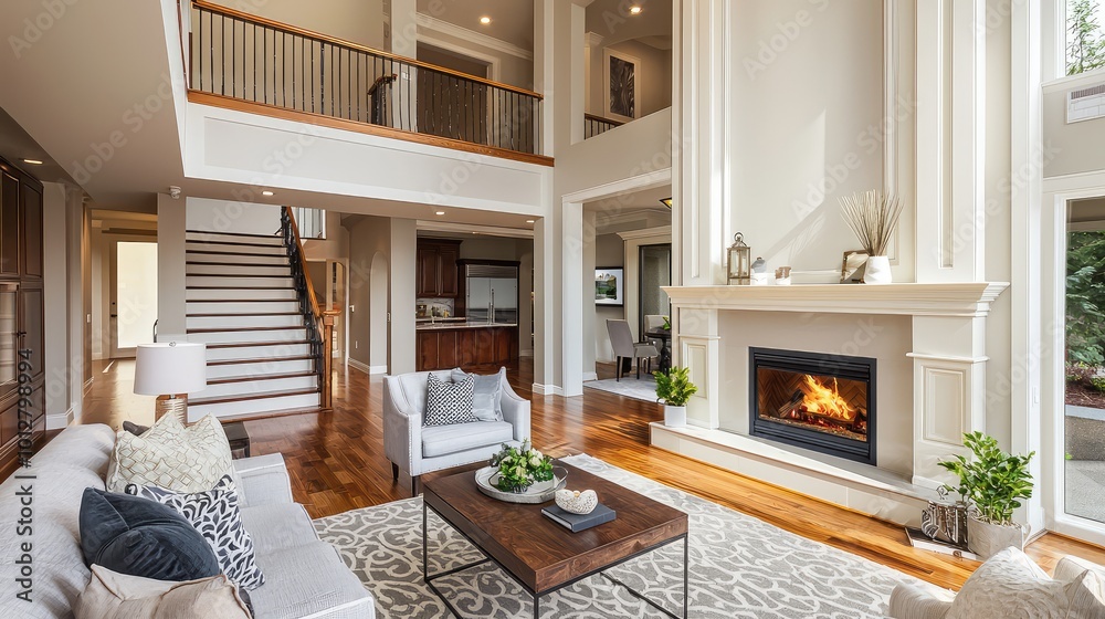 A stylish and spacious living room featuring a cozy fireplace, modern decor, and abundant natural light for a welcoming atmosphere. A stylish and spacious living room featuring a cozy fireplace, modern decor, and abundant natural light for a welcoming atmosphere.