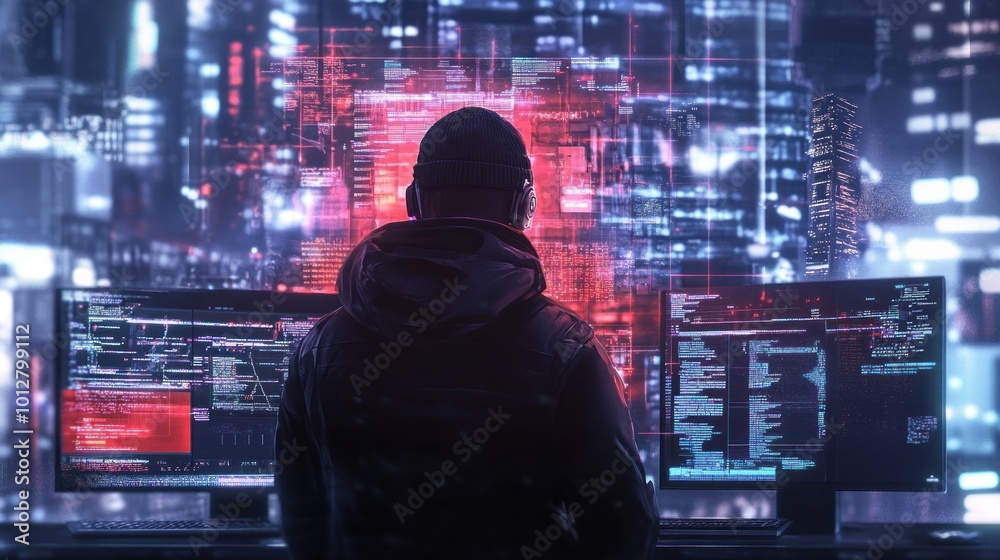 A person in a hoodie monitors multiple screens displaying code and data in a futuristic city. A person in a hoodie monitors multiple screens displaying code and data in a futuristic city.