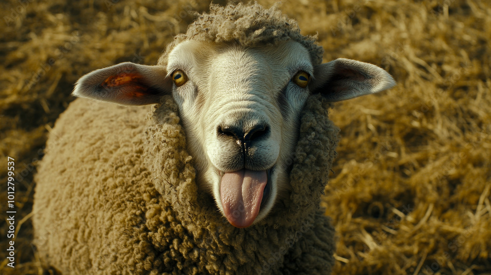 Obraz premium A sheep with a funny expression, sticking its tongue out.