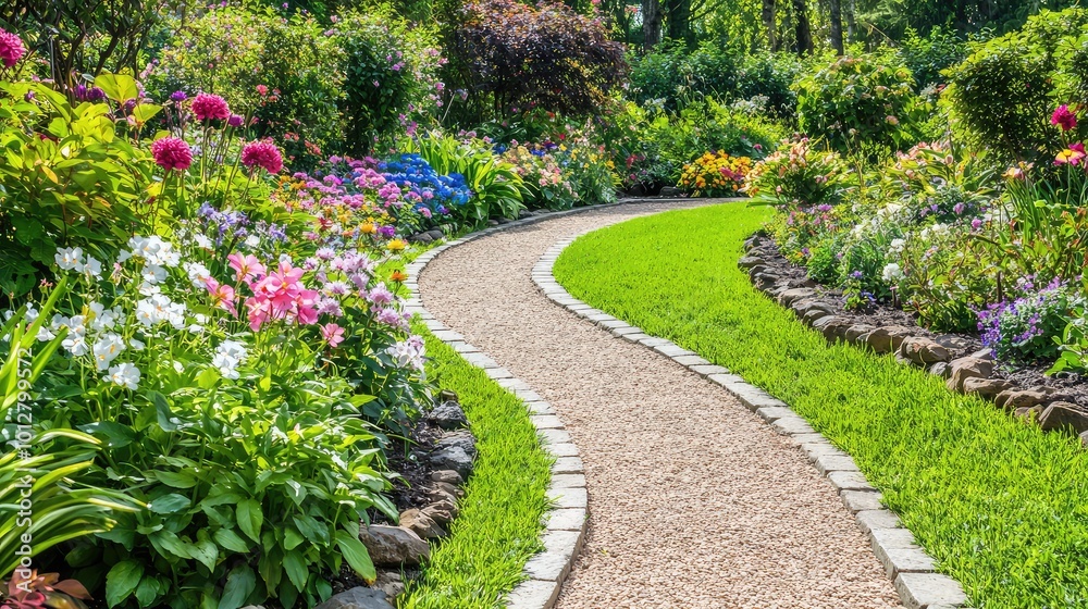 A tranquil garden path meanders through vibrant flowers, inviting peaceful strolls in a lush, green landscape. A tranquil garden path meanders through vibrant flowers, inviting peaceful strolls in a lush, green landscape.
