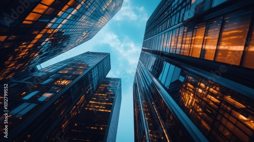 low angle view of modern skyscrapers in business district at sunset.