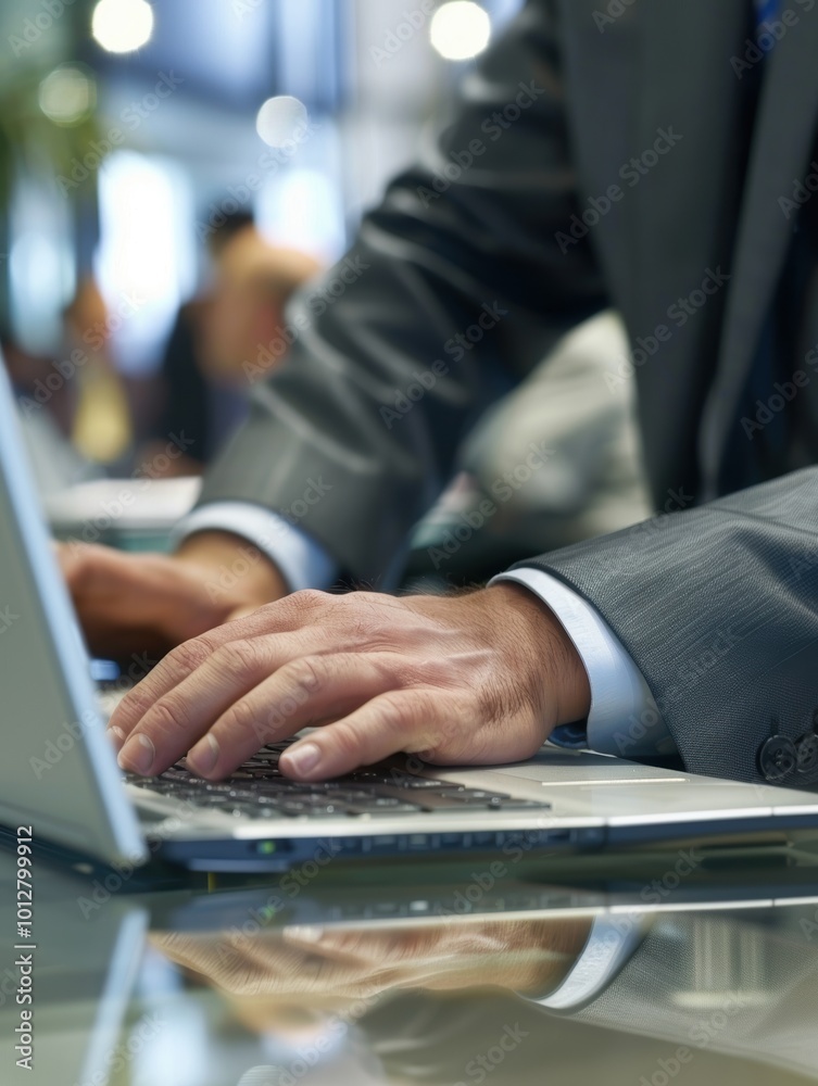 Business Executive Typing on Laptop in Modern Office Business Executive Typing on Laptop in Modern Office