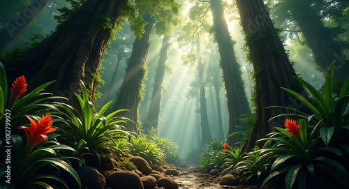 Landscapes Background, Tropical Lush Forrest with Towering Tree and Orange Flowers