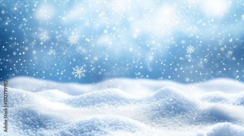 A snowy winter scene with falling snow, perfect for a Christmas background. The sky is filled with snowflakes of all shapes and sizes, while snowdrifts cover the ground.