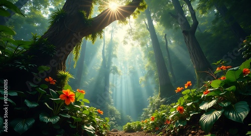 Landscapes Background, Tropical Lush Forrest with Towering Tree and Orange Flowers