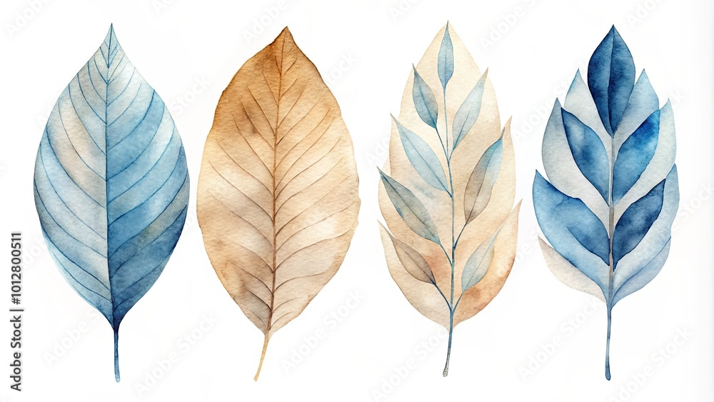 Obraz premium A Delicate Watercolor Illustration Featuring Four Abstract Leaves in Hues of Blue and Brown, Each With Unique Shapes and Veining, Isolated on a White Background