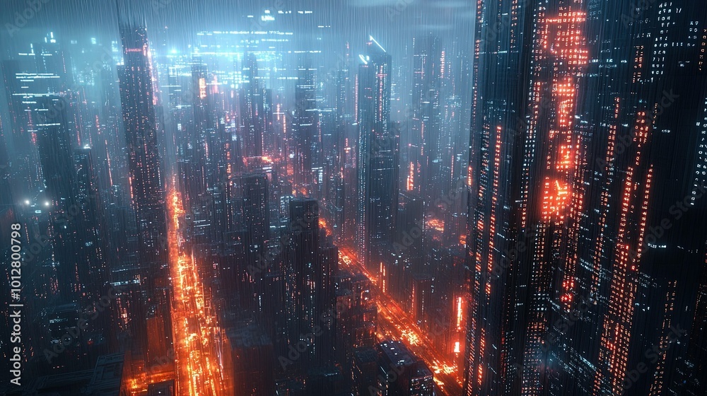 A panoramic view of a futuristic city at night, with glowing lines of matrix data floating above skyscrapers and streets. A panoramic view of a futuristic city at night, with glowing lines of matrix data floating above skyscrapers and streets.