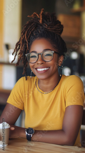 African-American woman glasses sitting table cafe working laptop