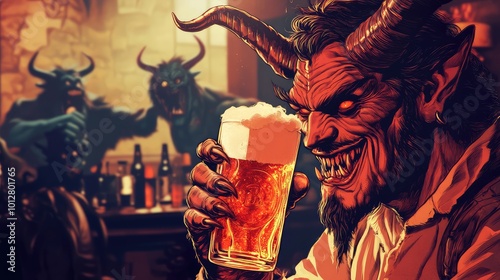 A vibrant illustration of a devilish character enjoying a beer in a lively bar setting with mythical creatures. photo