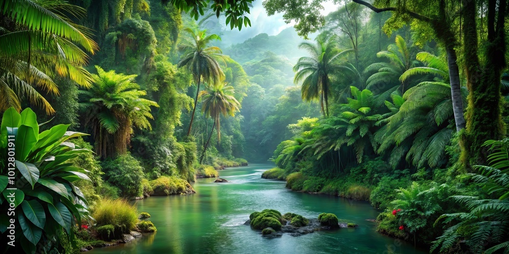 A Serene River Winds Through a Lush Canopy of Emerald Green Foliage, Sunlight Filtering Through the Dense Vegetation, Creating a Magical Atmosphere A Serene River Winds Through a Lush Canopy of Emerald Green Foliage, Sunlight Filtering Through the Dense Vegetation, Creating a Magical Atmosphere