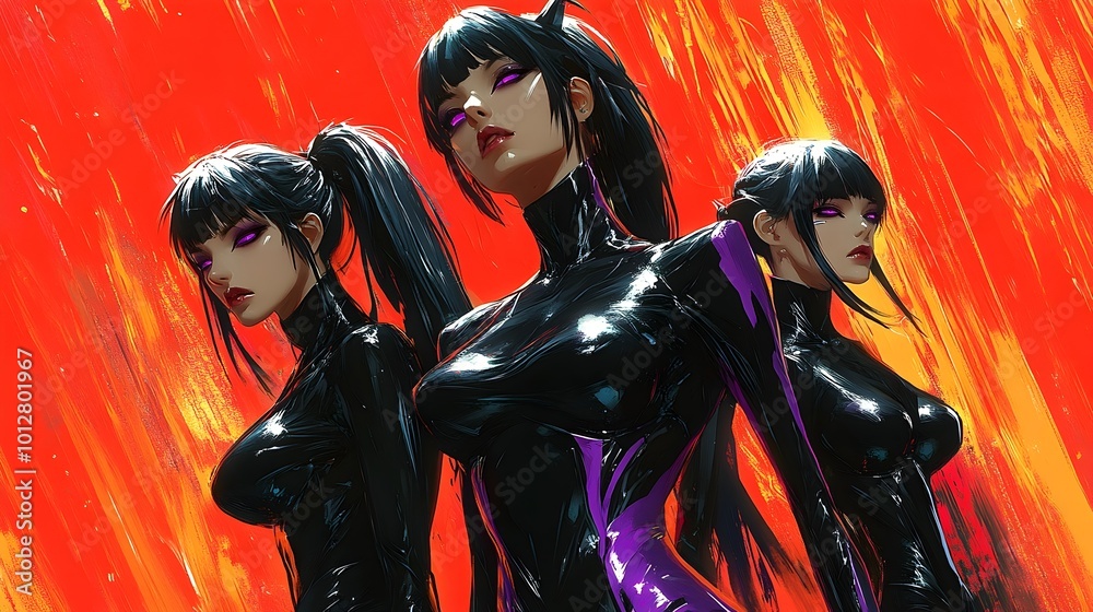 Futuristic Female Warriors in Sleek Black Armor with Glowing Purple Accents Standing in Powerful Poses Futuristic Female Warriors in Sleek Black Armor with Glowing Purple Accents Standing in Powerful Poses
