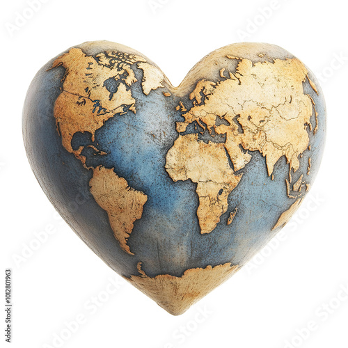 Heart-shaped world globe with a vintage map design, isolated on transparent cutout background photo