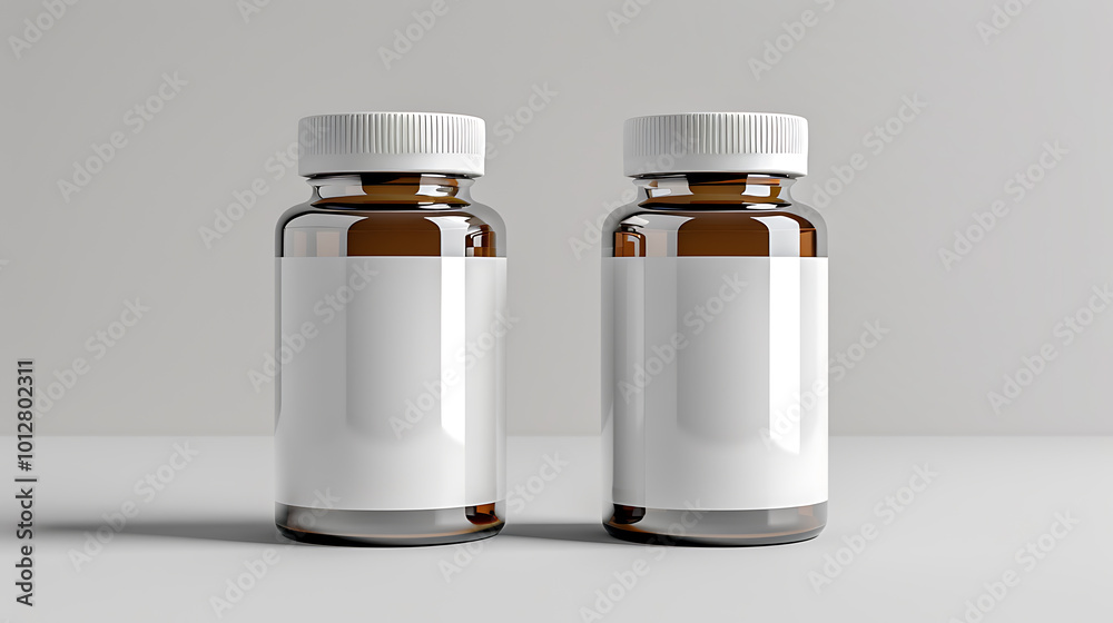Two amber glass bottles with white lids and labels, perfect for mockups. Two amber glass bottles with white lids and labels, perfect for mockups.