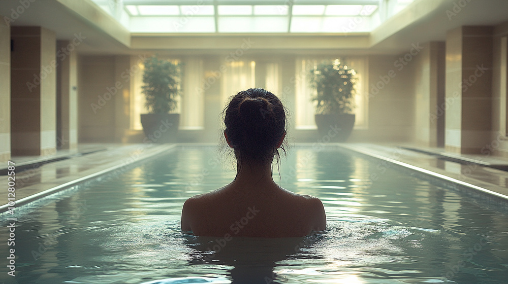 beautiful, slender young woman relaxes in a luxurious hot tub, surrounded by soothing water and warm ambiance. The scene conveys tranquility, self-care, and the celebration of inner beauty