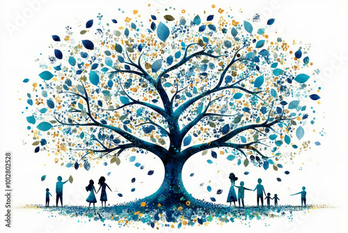 Graphic depicting a tree of life and a family standing under it. AI generative.