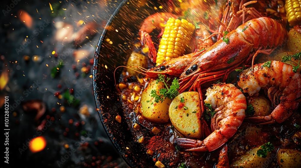 A vibrant seafood dish featuring shrimp and corn, garnished with fresh herbs, ideal for culinary delights and appetizing presentations. A vibrant seafood dish featuring shrimp and corn, garnished with fresh herbs, ideal for culinary delights and appetizing presentations.