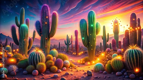 A vibrant desert landscape adorned with colorful cacti illuminated by warm, glowing lights at twilight, casting a magical glow on the scene.