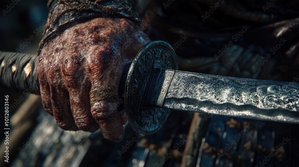 Close-up of a samurai warrior's hands gripping a katana, the blade gleaming under soft light, symbolizing honor and power Close-up of a samurai warrior's hands gripping a katana, the blade gleaming under soft light, symbolizing honor and power