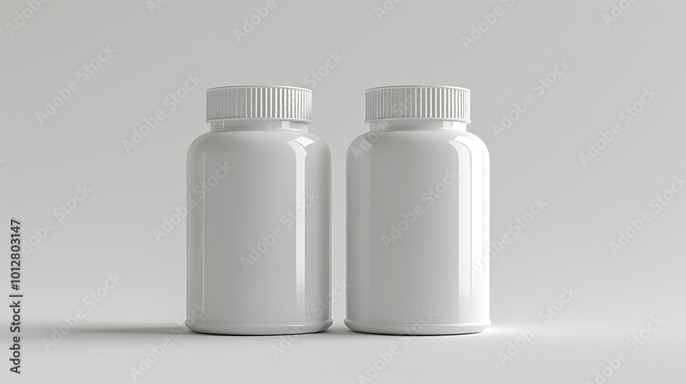 Two white, unlabeled supplement bottles against a white background. Two white, unlabeled supplement bottles against a white background.
