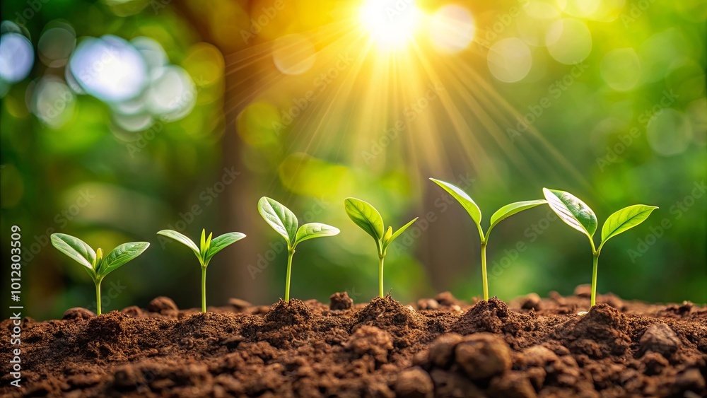 A Row of Delicate Green Shoots Emerge from Rich Soil, Bathed in the Warm Glow of a Sun-Kissed Morning A Row of Delicate Green Shoots Emerge from Rich Soil, Bathed in the Warm Glow of a Sun-Kissed Morning