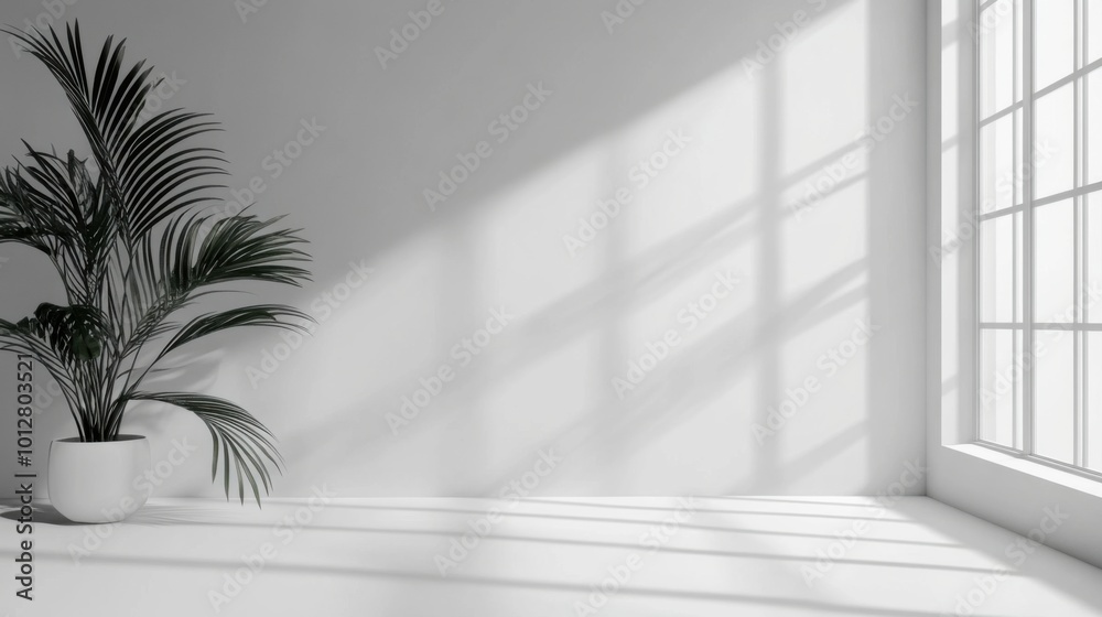 White room with a plant in a pot. Minimalist background. White room with a plant in a pot. Minimalist background.