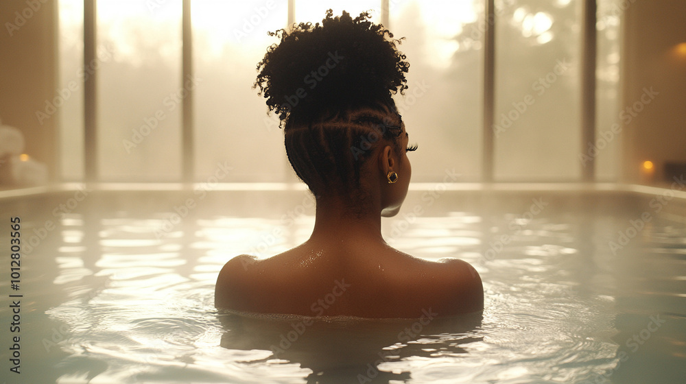 beautiful, slender young woman relaxes in a luxurious hot tub, surrounded by soothing water and warm ambiance. The scene conveys tranquility, self-care, and the celebration of inner beauty beautiful, slender young woman relaxes in a luxurious hot tub, surrounded by soothing water and warm ambiance. The scene conveys tranquility, self-care, and the celebration of inner beauty