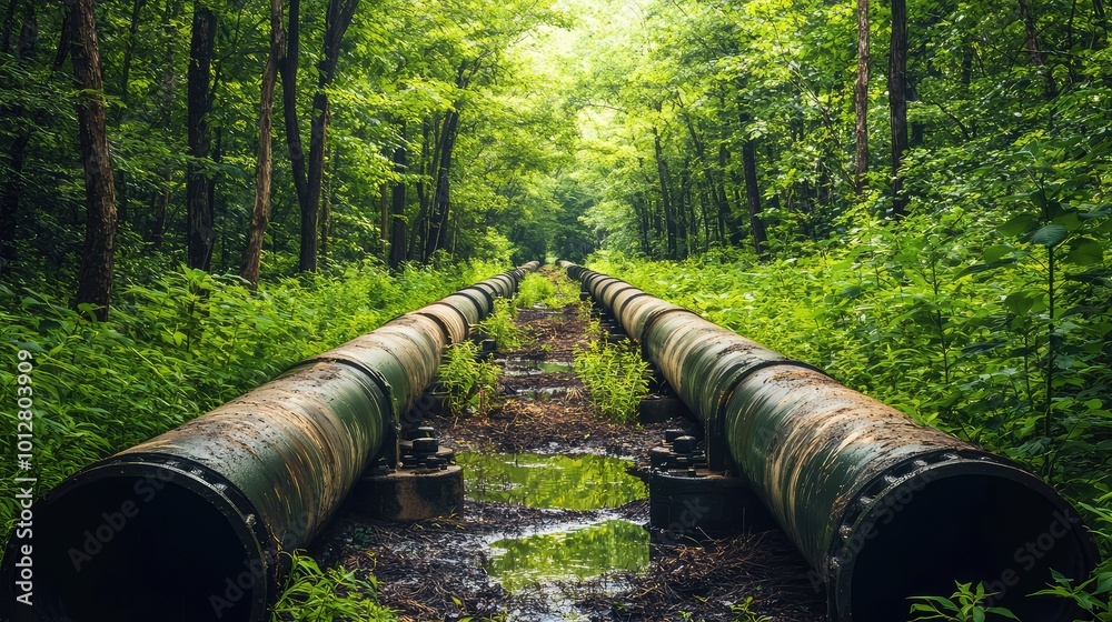 Abandoned pipes in a lush green forest, showcasing the beauty of nature reclaiming industrial structures. Abandoned pipes in a lush green forest, showcasing the beauty of nature reclaiming industrial structures.