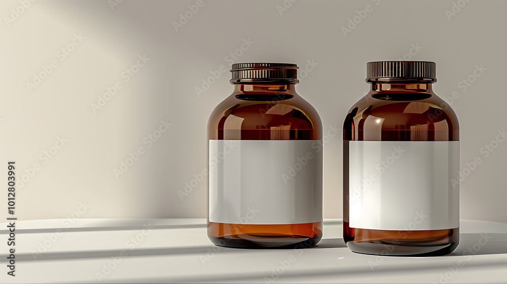 Two amber glass bottles with blank white labels sit on a white surface, bathed in soft, natural light. Two amber glass bottles with blank white labels sit on a white surface, bathed in soft, natural light.