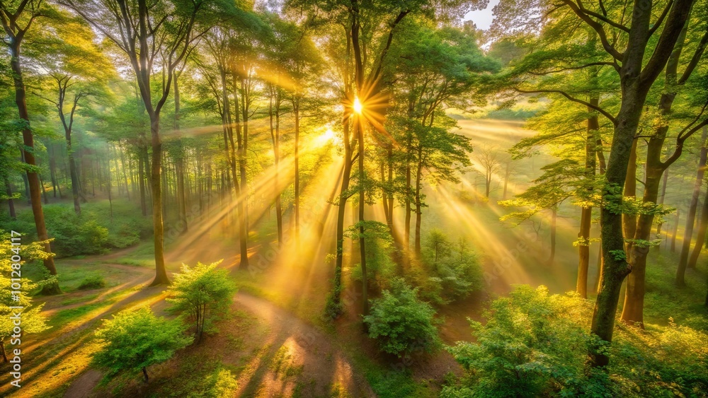 Obraz premium Golden Light Bathes the Forest Floor, A Tapestry of Sunlight and Shadows in a Verdant Grove