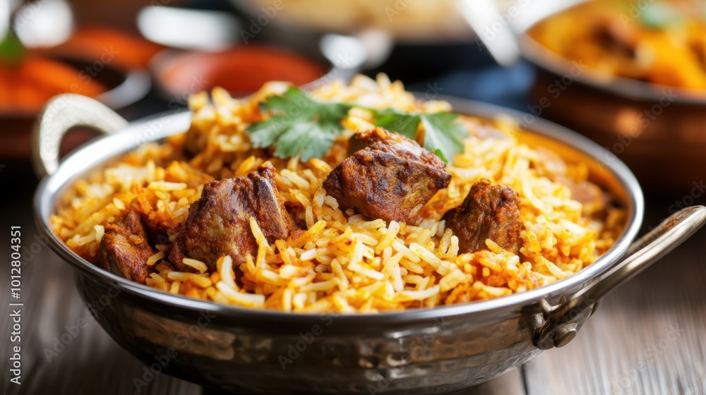Closeup of a delicious biriyani served in a traditional metal bowl, the layers of rice and meat glistening with spices. The scene is set with a colorful Indian table setting. Closeup of a delicious biriyani served in a traditional metal bowl, the layers of rice and meat glistening with spices. The scene is set with a colorful Indian table setting.