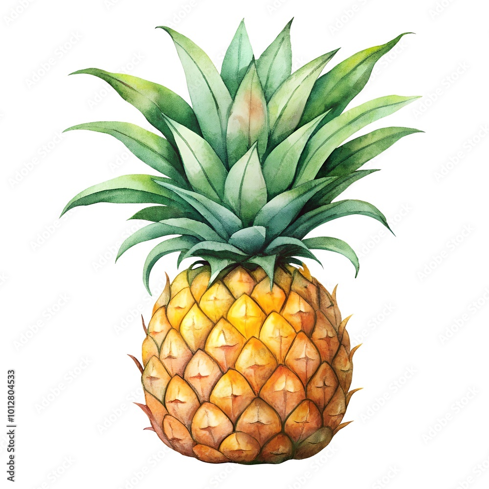 Fototapeta premium Watercolor hand drawn pineapple with leaves stems on white background