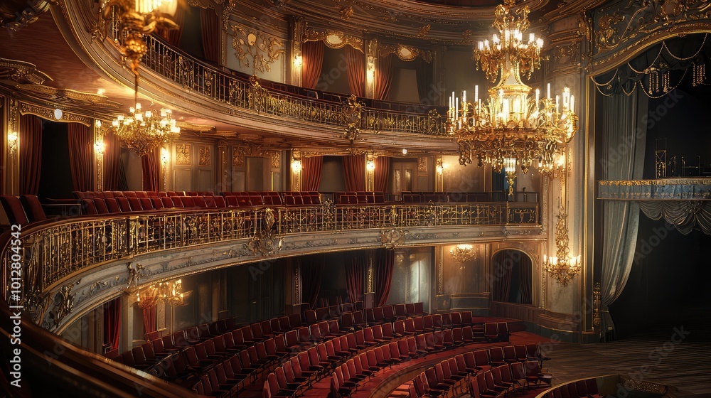 Obraz premium An elegant theater interior featuring plush seating, ornate chandeliers, and warm lighting, perfect for performances and events.