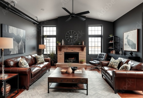 Masculine industrial living room with dark colors leather furnit photo