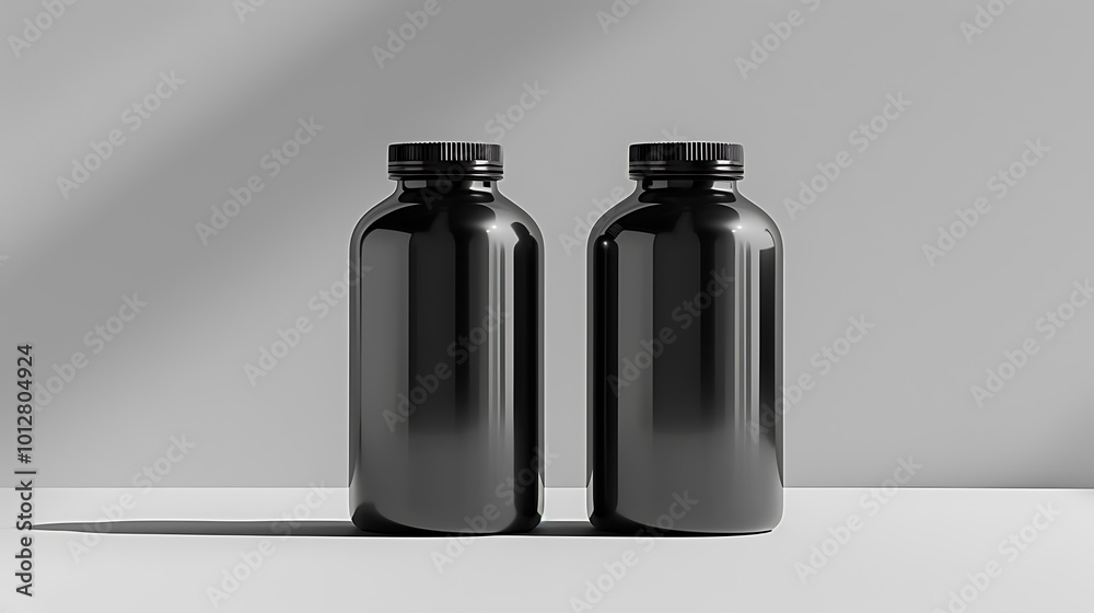 Two black bottles with black caps sit on a white surface. The bottles are empty and ready to be filled. Two black bottles with black caps sit on a white surface. The bottles are empty and ready to be filled.