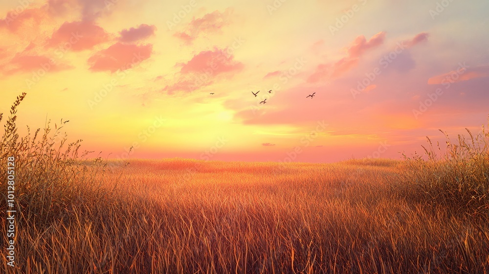 Breathtaking sunset over a tranquil field, showcasing golden grass and a vibrant sky, perfect for relaxing nature scenes. Breathtaking sunset over a tranquil field, showcasing golden grass and a vibrant sky, perfect for relaxing nature scenes.