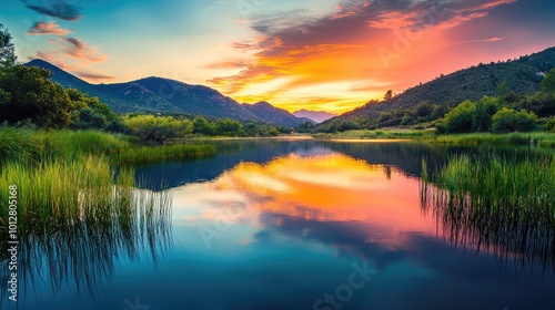 Breathtaking sunset over tranquil lake, surrounded by lush greenery and majestic mountains, reflecting vibrant colors on the water.