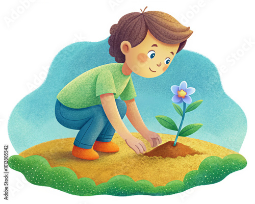 child watering flowers
