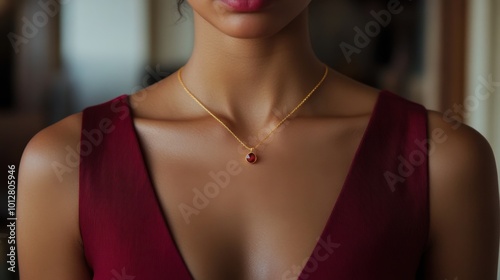 Closeup shot of a golden necklace adorned with a striking ruby pendant, worn by a model in a deep red dress. The low neckline highlights the jewelry, emphasizing elegance and luxury