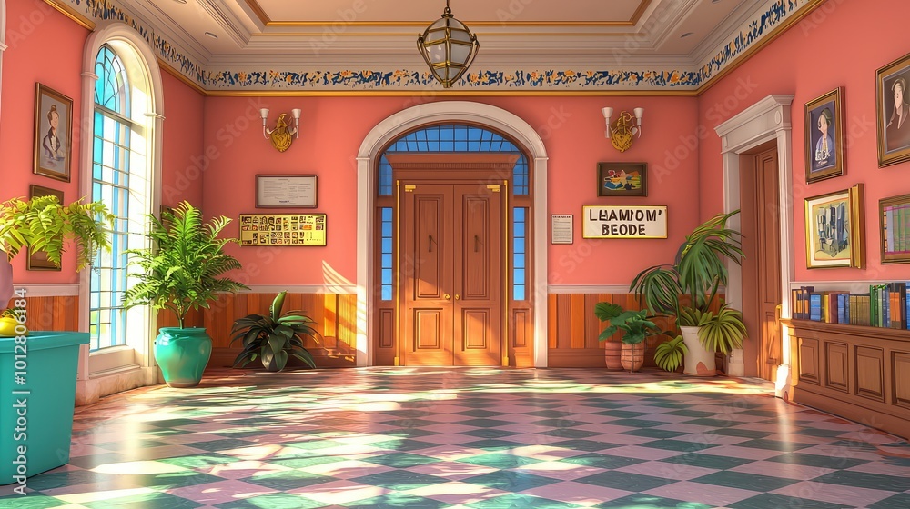 Obraz premium Bright and vibrant hallway with decorative elements, plants, and artwork, creating an inviting atmosphere.