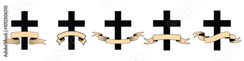 set of Christian cross with ribbon, vector Jesus Christ, religion symbol, Easter, Christening. Holy Spirit. Religious. Baptism Christening Invitation